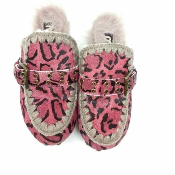 Mou Shoes - MOU Leopard Pink Pony Hair Shearling Platform Clogs 37